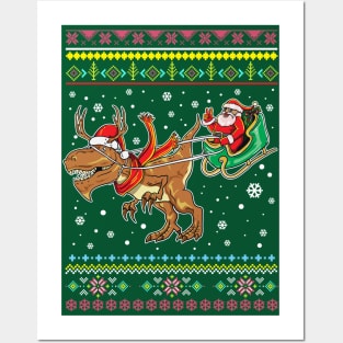 Santa Claus T Rex Reindeer Sleigh Ugly Christmas Sweater Pattern Posters and Art